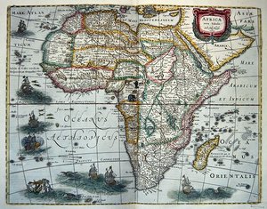非洲地图，摘自《新非洲地图》，1631年在阿姆斯特丹出版（彩色雕刻）。 作者 亨里克斯·洪第乌斯