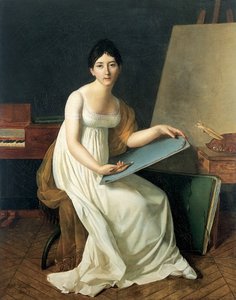 艺术家肖像，身着白色礼服，手持素描工具 作者 亨丽埃特·洛里米尔