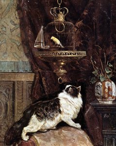 Cat spying on a bird in a cage - by Henriette Ronner 作者 亨利特·罗纳·克尼普