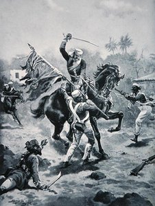 罗伯茨中尉赢得了他的V.C.，1858年1月2日，插图来自《国家的历史》（石印）。 作者 亨利·佩恩