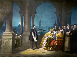 1609 年，伽利略-伽利莱向威尼斯总督莱昂纳多-多纳托和威尼斯参议院展示他的望远镜，约 1900 年（石版印刷）。 作者 亨利（之后）德图什