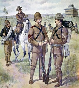 1898-1900年美国陆军制服。入伍军人的卡其色野战服（彩色平版画）