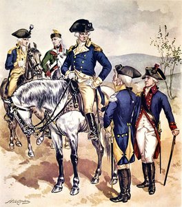 1779-83年的美国军队制服（纸上水彩）。