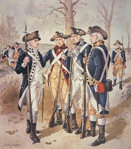 1779-83年（美国）大陆军的步兵制服（纸上水彩）。