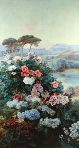 山茶花和风景中的其他花卉（布面油画） 作者 亨利·亚瑟·邦尼富（Henry Arthur Bonnefoy）