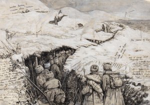 加利西亚，俄罗斯军队穿着雪覆盖的山丘，1916年3月13日（墨水和水粉在纸上） 作者 亨利·查尔斯·塞普金斯·赖特