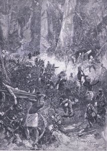 阿桑蒂战争1900年：在森林里的战斗，插图来自英格兰的历史，20世纪 作者 亨利·查尔斯·塞普金斯·赖特