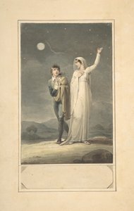 夜晚的风景与两个人物的设计，用于雕刻书籍插图，1807-44。 作者 亨利·科博尔德
