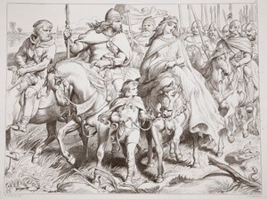 在这里，保护Alftruda到一个安全的地方，来自Hereward the Great的插图来自Charles Kingsley，酒吧。 1870年，由CG刘易斯雕刻（钢板雕刻） 作者 亨利·考特尼·塞卢斯