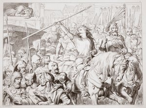 如何转向狂战士，来自查尔斯金斯利，酒吧的Hereward the Great的插图。 1870年，由CG刘易斯雕刻（钢板雕刻） 作者 亨利·考特尼·塞卢斯