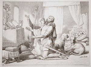 Torfrida如何教导向下祈祷，来自Hereward the Great的插图来自查尔斯金斯利，酒吧。 1870年，由CG刘易斯雕刻（钢板雕刻） 作者 亨利·考特尼·塞卢斯