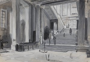 大英博物馆的内部视图显示主要楼梯，1884年