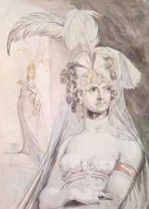 有羽毛的妓女，她头发上的蝴蝶结和面纱，1800-10（铅笔，卫生纸和墨水在纸上）的半身像 作者 约翰·海因里希·富斯里