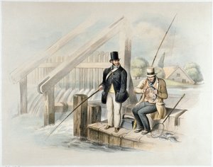 鳟鱼钓鱼，Beddington公园，来自一组六个&39;钓鱼&39;图像（手工彩色光刻）