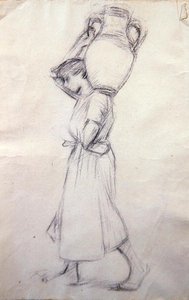 带罐子的女孩》草图（纸上铅笔画） 作者 亨利·赫伯特·拉唐格