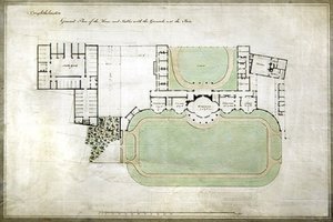 布莱特赫姆斯通，或布莱顿馆--房屋和马厩的总平面图，显示建筑师亨利-霍兰（1745-1806）的扩建部分，约1801年（纸上水彩）。 作者 亨利·荷兰