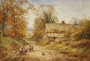孩子们在林间小屋旁喂鸭子