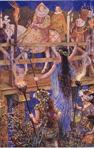 伊丽莎白受到浮岛女士的欢迎，来自凯尼尔沃思，1910年的插图 作者 亨利·正义·福特