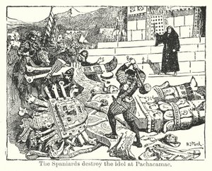 西班牙人在帕查卡马克摧毁神像（石版画） 作者 亨利·正义·福特