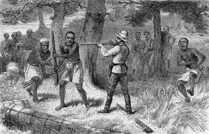 坦桑尼亚贡贝河畔的原住民反叛，选自亨利-莫顿-斯坦利（Henry Morton Stanley，1841-1904 年）所著《我是如何找到利文斯通的：在中非的旅行、冒险和发现》（How I found Livingstone: Travels, adventures and discoveries in Central Africa）的版画，伦敦，桑普森-洛、马斯顿、洛和塞尔版。 作者 亨利·莫顿·斯坦利