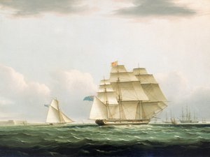 约 1830 年，1827 年 8 月 8 日，克拉伦斯公爵夫人乘坐的 "皇家主权号 "游艇离开朴茨茅斯，前往斯皮特黑德观看停泊在那里的来访俄国舰队（布面油画，有框）