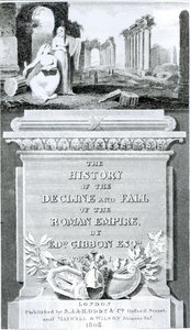 “罗马帝国衰亡与衰落的历史”的标题页，作者：Edward Gibbon，第1卷，1808年
