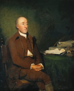詹姆斯·赫顿（James Hutton）博士的肖像，坐在棕色夹克上的四分之三长度，马裤和白色股票，他旁边桌子上的一堆地质标本， 作者 亨利·雷本