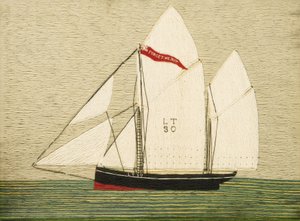 拖网渔船 "勿忘我 "号，1883 年建于英格兰布里克斯汉姆。羊毛刺绣，1909 年前，亨利-罗伯特-费舍尔（？） 作者 亨利·罗伯特·费舍尔