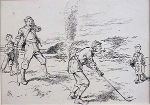 心不在焉的高尔夫球手，来自《Graphic》杂志的插图，约1870年出版（平版）。 作者 亨利·桑德考克