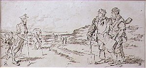 被高尔夫球员打扰的路人，来自《Graphic》杂志的插图，约1870年出版（平版）。 作者 亨利·桑德考克