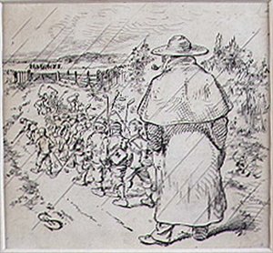 雨中的小学生高尔夫球员，来自《Graphic》杂志的插图，约1870年出版（平版）。 作者 亨利·桑德考克