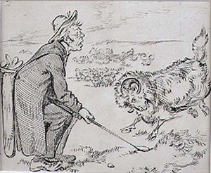 惊讶的高尔夫球手，来自《图形》杂志的插图，约1870年出版（平版）。 作者 亨利·桑德考克
