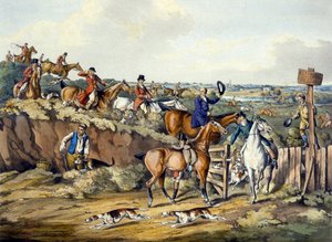 走了，来自《猎狐》，由托马斯-萨瑟兰（1785-1838）雕刻（彩色平印）。