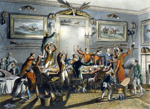 敬酒，来自《猎狐》，由托马斯-萨瑟兰（1785-1838）雕刻（彩色平印）。