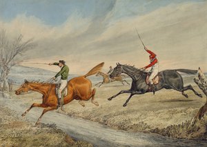 Steeplechasing：三个骑手拿一个布鲁克（铅笔和wc在纸上） 作者 亨利·托马斯·阿尔肯