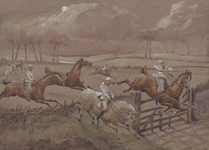 Nacton Heath附近的最后一片，第3页，来自The First Steeple Chase on Record，由J. Harris雕刻，1839年由伦敦Ackermann印制（彩色aquatint） 作者 亨利·托马斯·阿尔肯