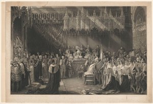 英国维多利亚女王加冕典礼。以乔治-海特（George Hayter）为原型，地址为 Graves 和 Warmsby。附有木刻草图和图例 作者 亨利·托马斯·赖尔