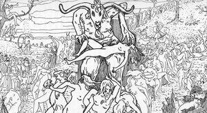 描绘了由撒旦主持的女巫聚集的安息日场景，引发了狂欢（安息日聚会）亨利·德·马尔沃斯特 (Henry de Malvost) 的绘画，选自朱尔斯·博伊斯 (Jules Bois) 的《撒旦主义与魔法》，1895 年私人收藏 作者 亨利·德·马尔沃斯特