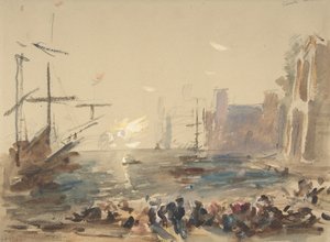 正面是海景，背面是无法辨认的草图，1840-1906。 作者 大力神布拉巴松布拉巴松