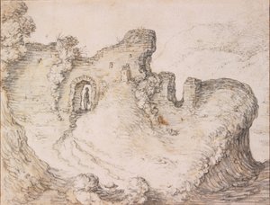 与废墟的岩石风景，形成一个人的面孔，c。 1650