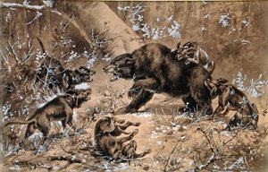 猎熊（纸上水彩和中国白）。 作者 赫尔曼·温德堡·汉森
