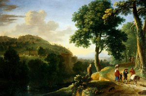 有旅行者和驴子的意大利式风景，约1640年（布面油画）