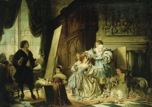 范·戴克（Van Dyck）在他的工作室绘画肖像，威尔士亲王查尔斯一世的儿子，查尔斯一世，1876年 作者 赫尔曼·施耐德