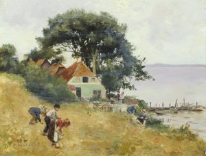 湖边拾荒的儿童，约 1900-10 年（油画板）
