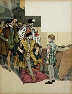 法国国王亨利二世（1519-1559）在他的绅士们的簇拥下，小时候喜欢质问亨利四世（1553-1610）以求他的回报。 Hermann Vogel (1856-1918) 在“亨利四世”中的插图 作者 赫尔曼·沃格尔