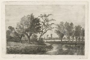 河里有一个钓鱼者在船上 作者 Hermanus Jan Hendrik van Rijkelijkhuysen