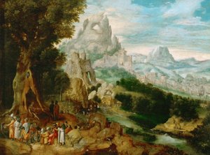 Paysage avec Saint Jean Baptiste prechant - Landscape with Saint John the Baptist Preaching, by Herri met de Bles (Henri Bles) (1510-1550). Oil on wood, ca 1535-1540. Dimension : 29x39 cm. Art History Museum, Vienne