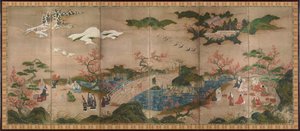 Mapple Viewers - 六个面板的屏幕 - Kano Hideyori（活跃于 1565-1576 年）的作品，纸本水彩和水墨 - 日本艺术 作者 加野秀赖