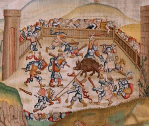 佛兰德挂毯根据 Hieronymus Bosch 创作的系列四挂毯。圣马丁（San Martín）。系列中的第一幅挂毯。模型 灵感来自于希罗尼穆斯-博什（Hieronymus Bosch）的作品。制作地点 布鲁塞尔，未知作坊。1560 年前。织物 金、银、丝绸和乌木 作者 Hieronymus（之后）Bosch