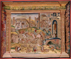 佛兰德挂毯根据 Hieronymus Bosch 创作的系列四挂毯。圣马丁（San Martín）。系列中的第一幅挂毯。模型 灵感来自于希罗尼穆斯-博什（Hieronymus Bosch）的作品。制作地点 布鲁塞尔，未知作坊。1560 年前。织物 金、银、丝绸和乌木 作者 Hieronymus（之后）Bosch